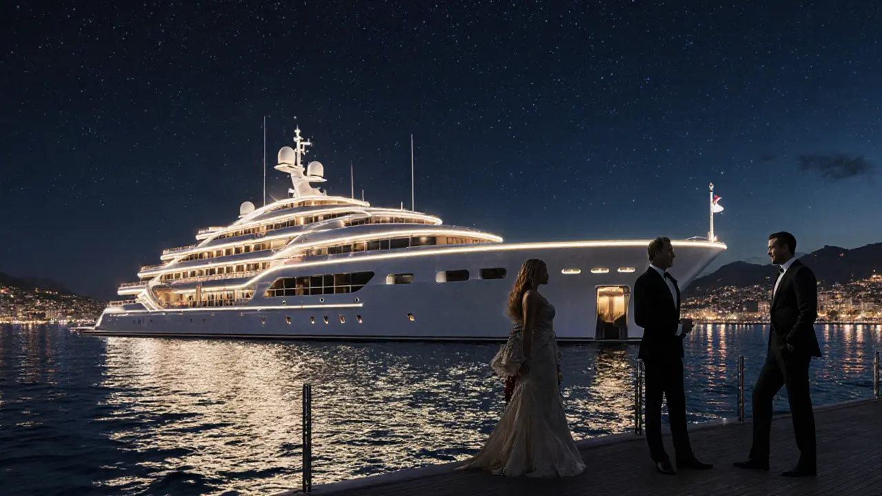 Floating superyacht at Port Hercules under starry skies, champagne towers and silhouettes of celebrities on deck.