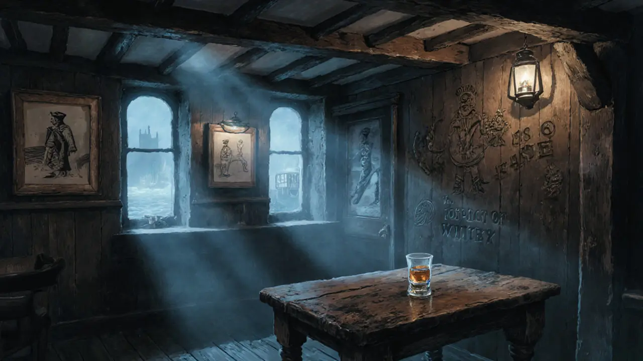 Foggy riverside pub at night with weathered wooden walls and a single whiskey glass on a table.