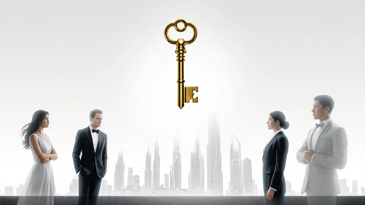Golden key floating above Dubai&#039;s skyline with faint silhouettes of diverse professionals.