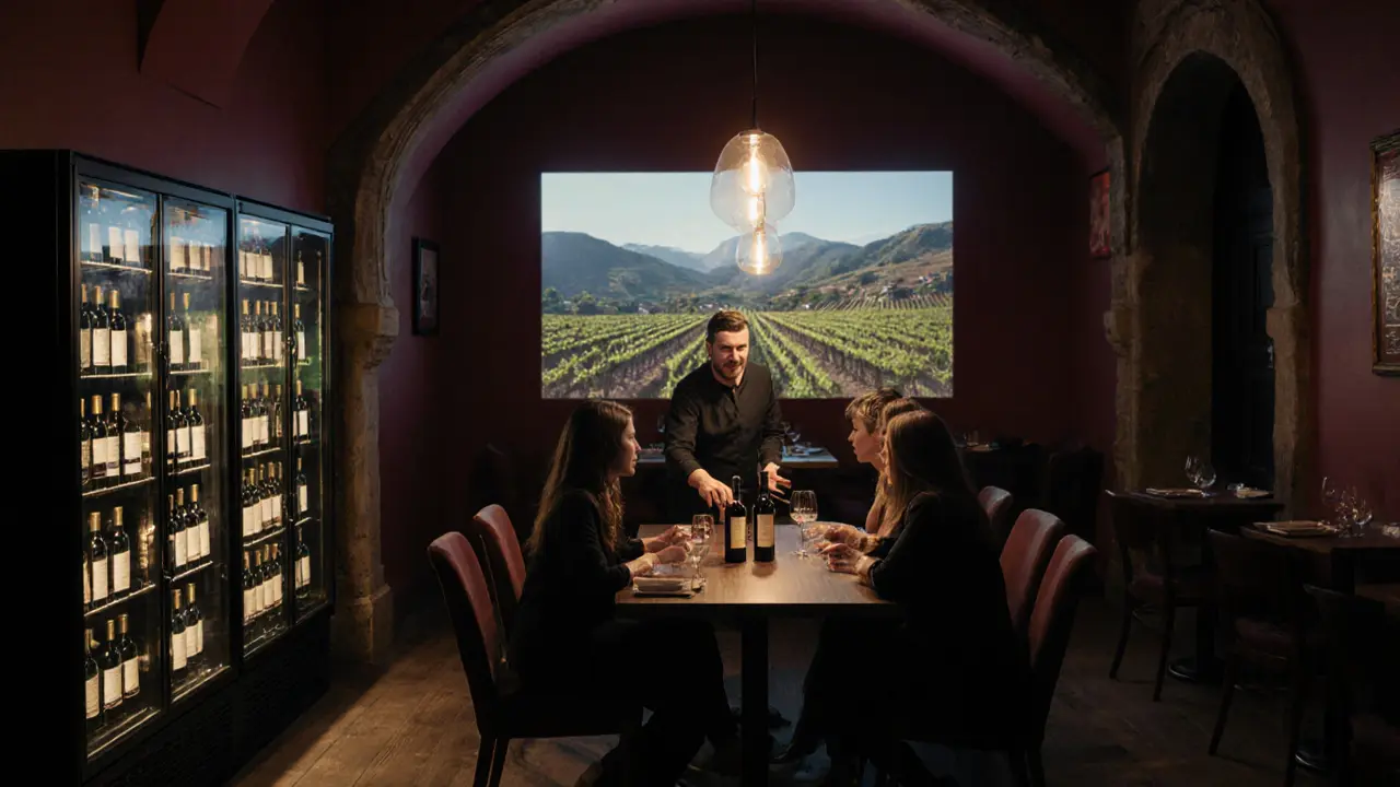 Guests gather around a sommelier tasting three wines from the Douro Valley in a hidden Covent Garden bar.