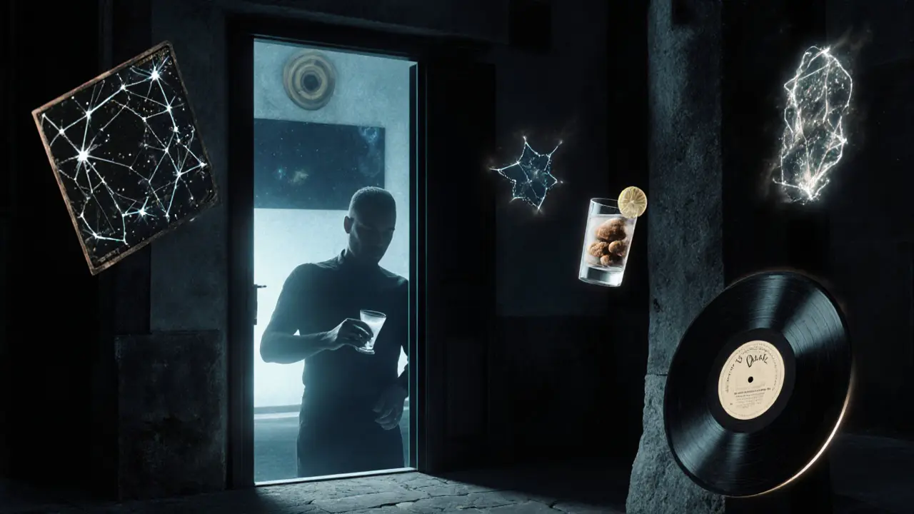 Hidden door in a Monaco alley glows faintly, floating vodka glasses and vinyl records drift in the night air.