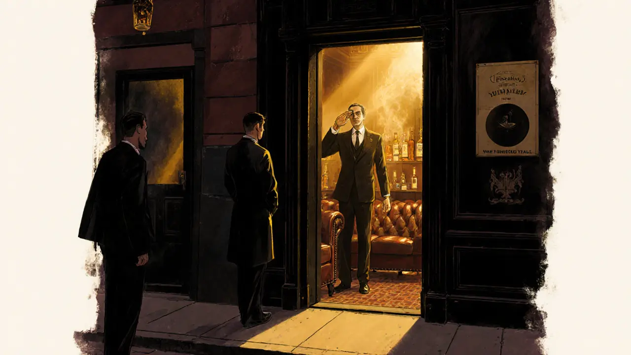 Hidden speakeasy entrance with a doorman and warm light glowing from behind an unmarked door.