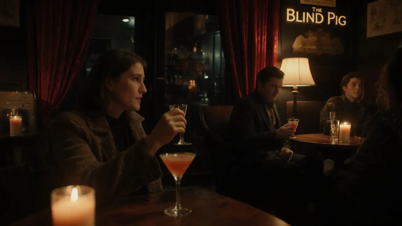 Hidden speakeasy with velvet curtains and candlelight, patrons sipping cocktails in quiet, intimate atmosphere.
