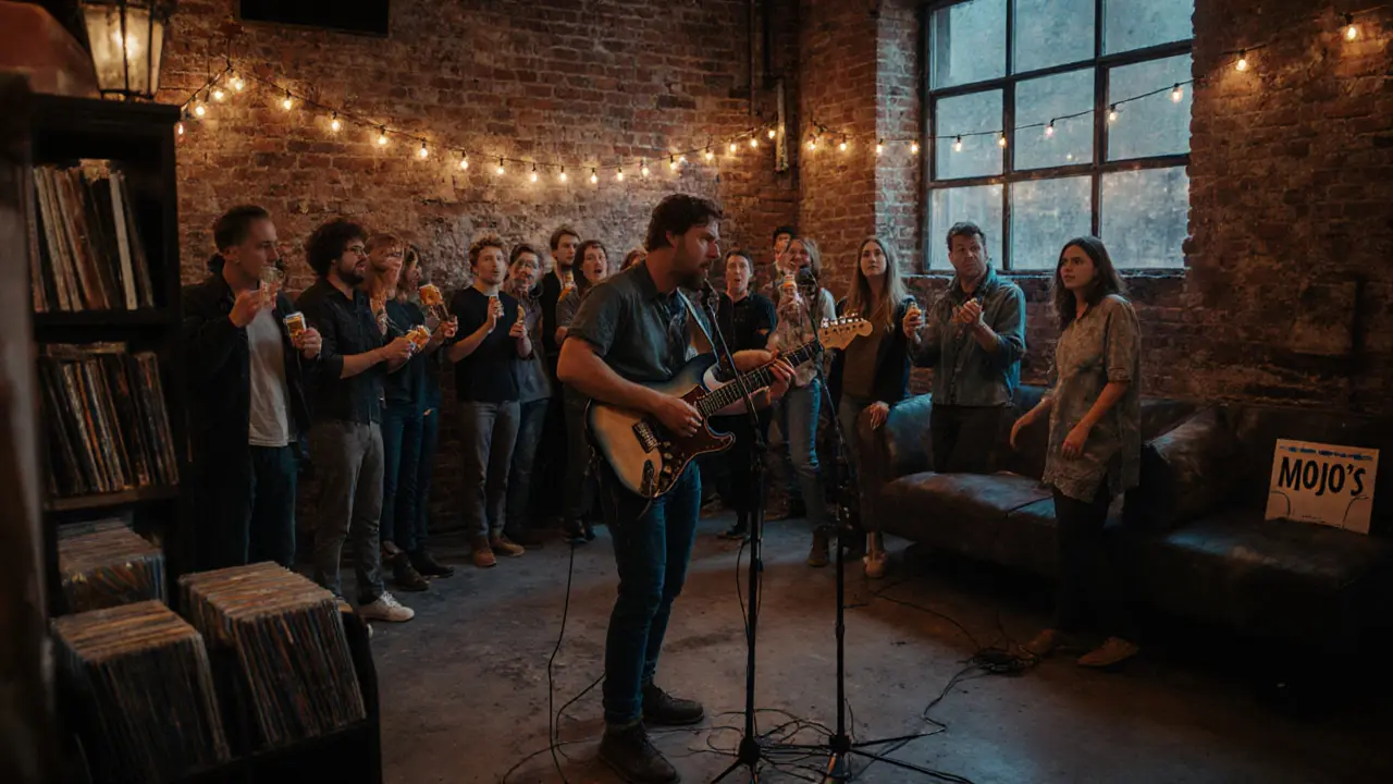 Indie rock band playing in a warehouse venue with a cozy crowd singing along.