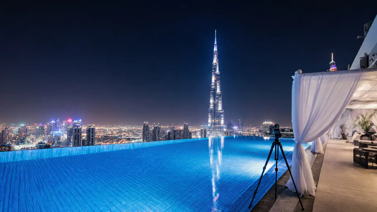 Infinity pool at Skyview Bar mirroring the lit Burj Khalifa under a dark indigo sky.