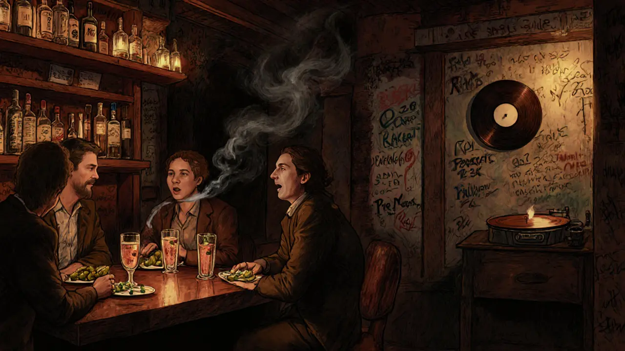 Intimate Bar 1923 with patrons enjoying raki and pickled peppers in a cozy, unmarked basement spot.