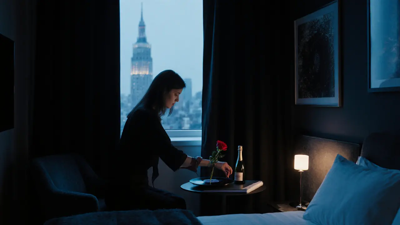 Intimate hotel room with champagne, rose, and vinyl record, city lights visible through blackout curtains.