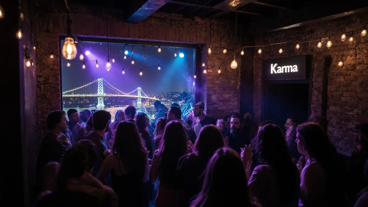 Karma nightclub in Karaköy with dancers under colored lights and the Bosphorus Bridge visible through the window.