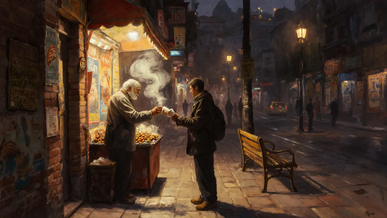 Kebab vendor at 3 a.m. on İstiklal Avenue handing food to a traveler under soft lamplight.