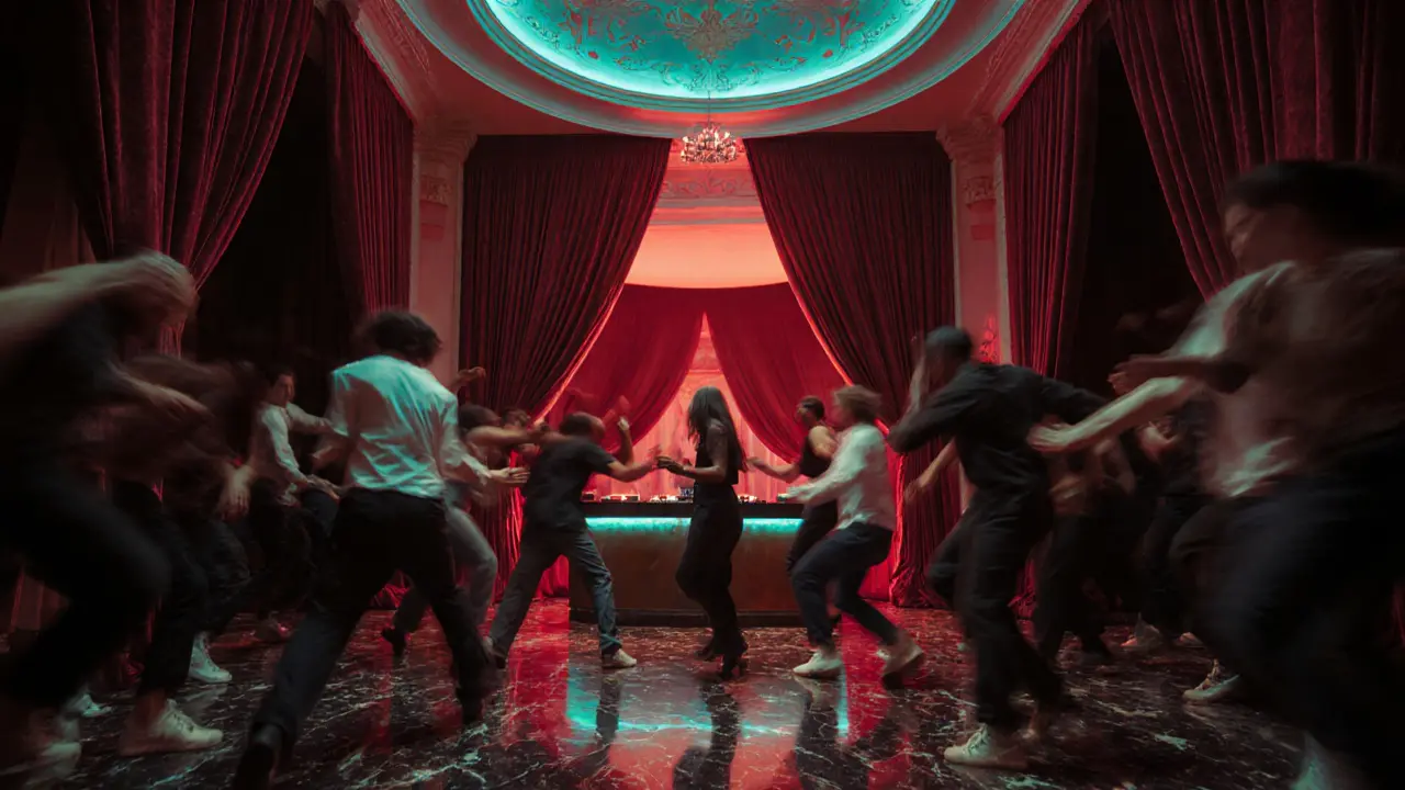 Le Trianon club at night with dancers under neon lights, grand architecture, and vibrant energy in a massive historic venue.