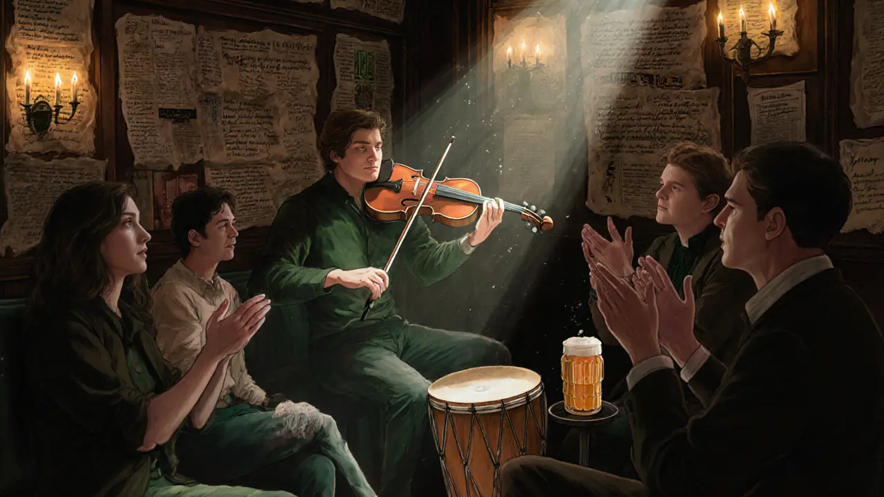 Live Irish folk music session at The Irish House, fiddle and drum, walls covered in lyrics and newspapers.