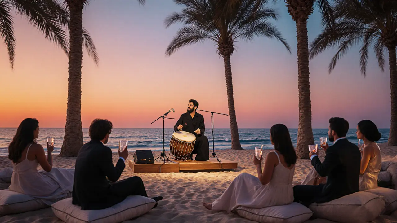 Live percussionist on a beach at sunset, playing darbuka as guests relax by the Gulf.