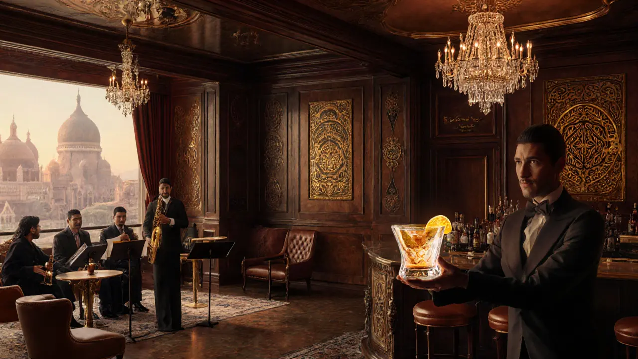Luxurious bar with jazz trio, gold-garnished cocktails, and rich wood interiors in a palace setting.