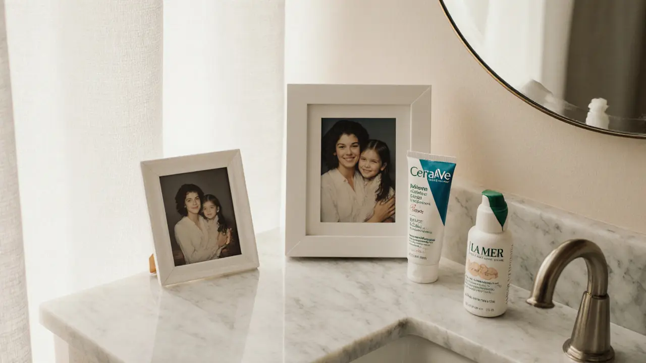 Luxury unscented skincare products beside a photo frame with a childhood picture on a marble vanity.