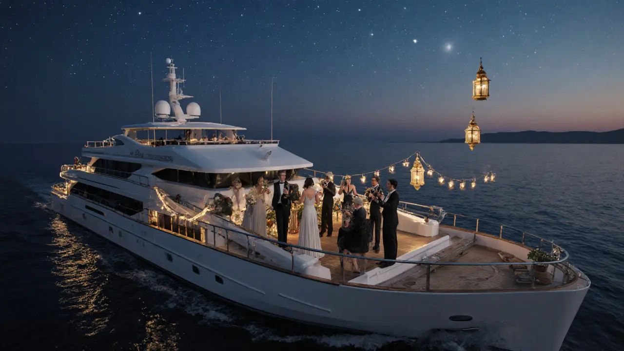 Luxury yacht at night under moonlight, guests enjoying jazz with no phones, serene sea horizon.