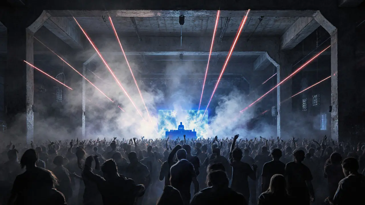 Massive industrial warehouse rave with smoke, lasers, and silhouetted dancers under towering sound system.