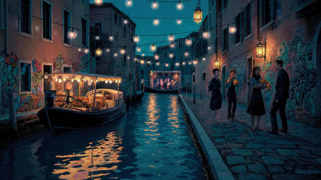 Milan&#039;s Navigli canals at midnight, glowing string lights reflecting on water with graffiti-covered warehouses and a floating bar.