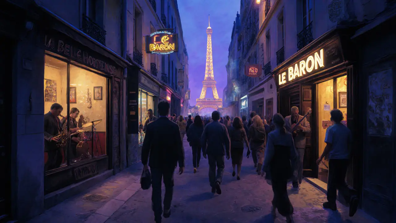 Nighttime alley in Belleville with glowing bar windows, jazz musicians visible inside, and a lively crowd moving between venues.