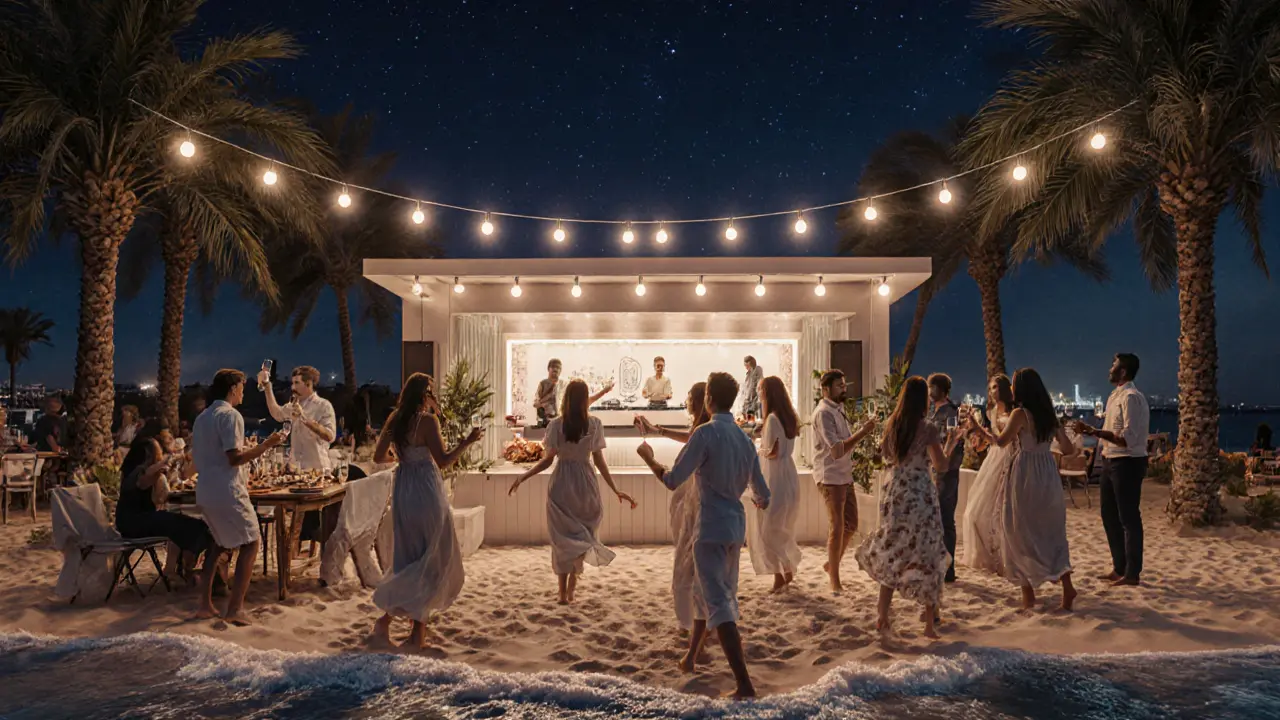 Nighttime beach party with guests dancing on sand under string lights and ocean waves.