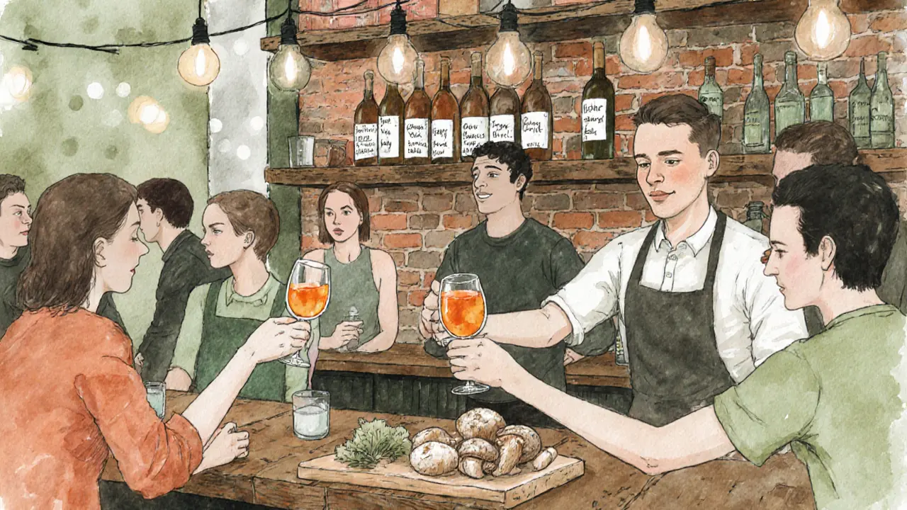 Patrons enjoy natural wines and foraged snacks in a lively Shoreditch wine bar with rustic decor.