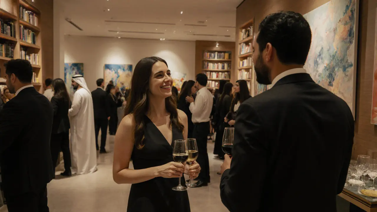 People socializing at an art event in Abu Dhabi, engaging in thoughtful conversation under soft lighting.