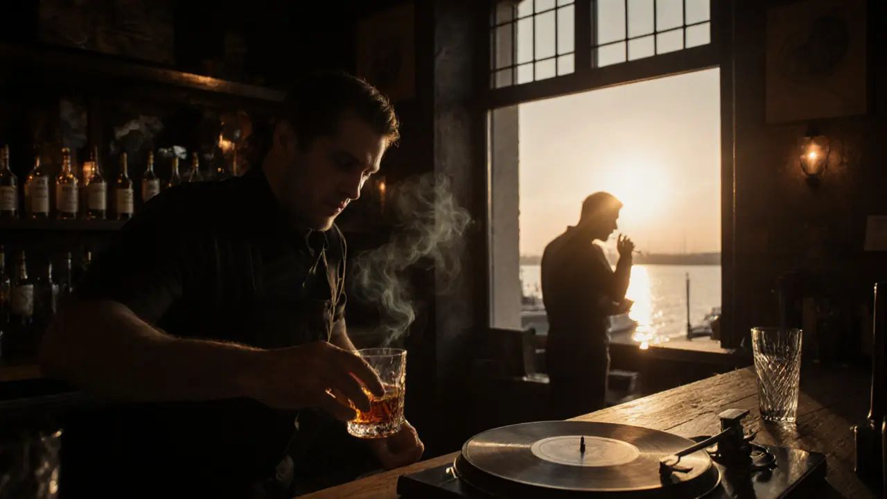 Quiet bar at dawn, bartender pouring whiskey as sunrise hits the harbor, no one on their phone.