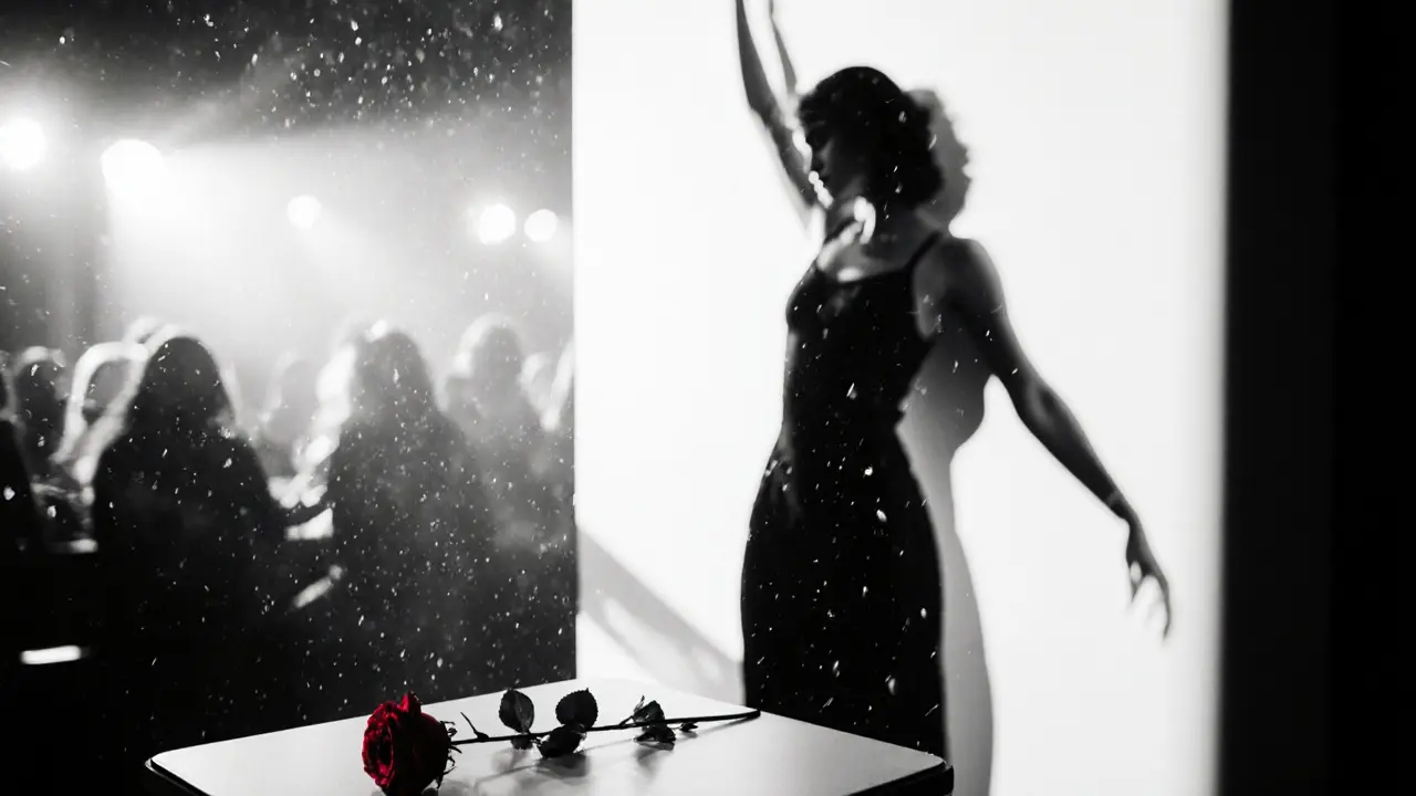 Silhouette of a dancer against a white wall at White Dubai, a red rose in foreground.