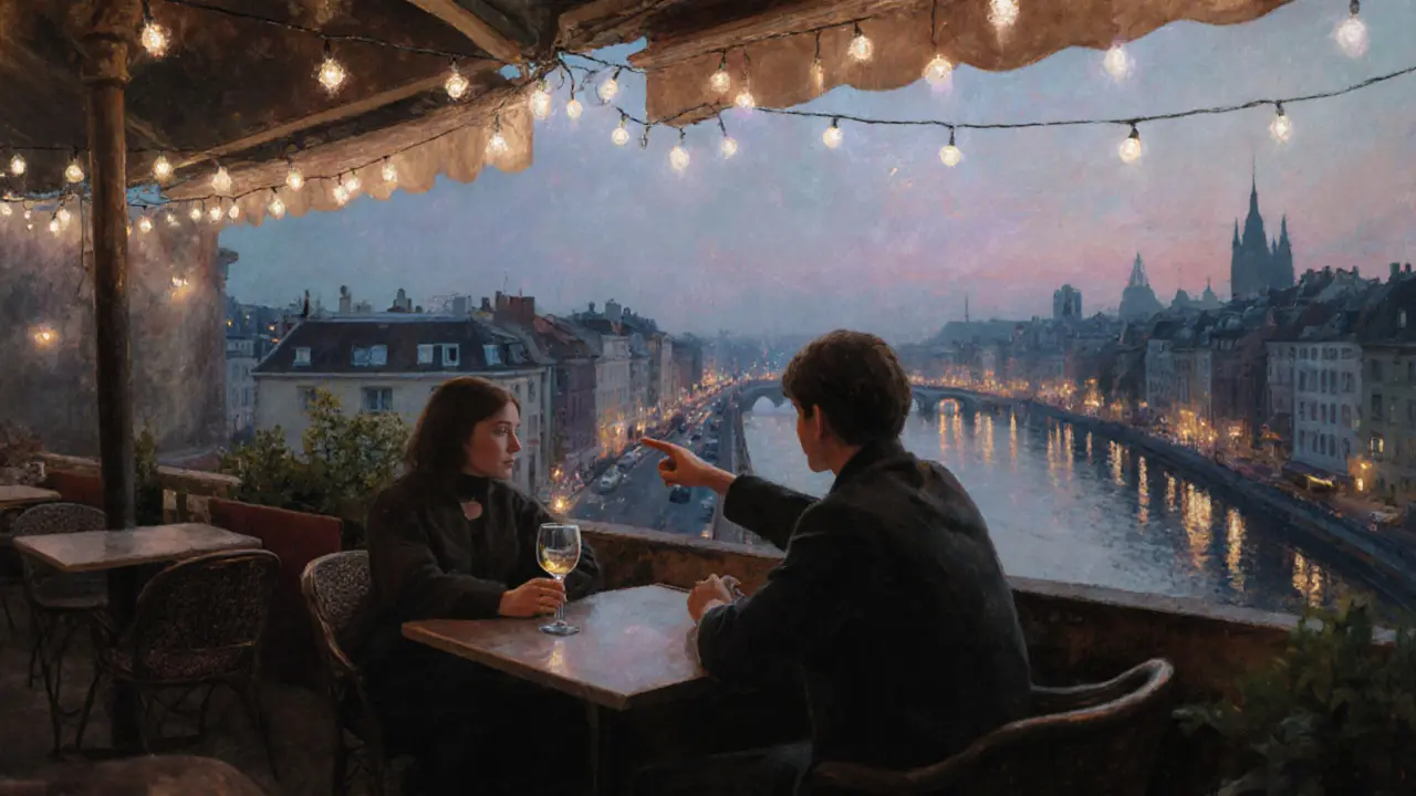 Silhouetted figures on a rooftop bar in Prenzlauer Berg at twilight, city lights glowing softly below.