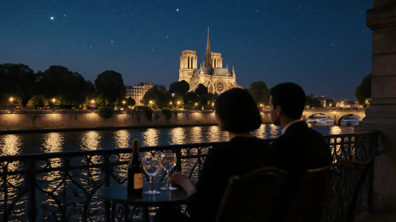 Silhouettes sit in silent companionship on a terrace overlooking Notre-Dame at night, the Seine reflecting city lights.