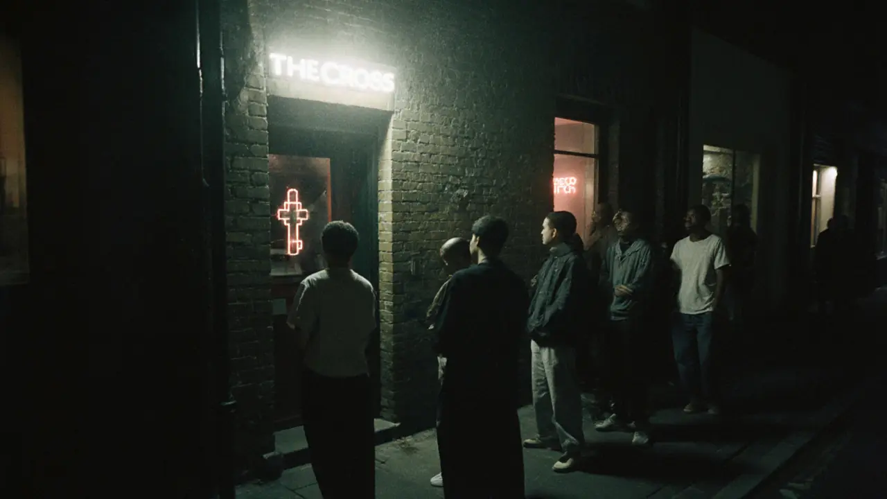 Small group waiting quietly outside The Cross nightclub, no signs, foggy night, bass vibrating the air.