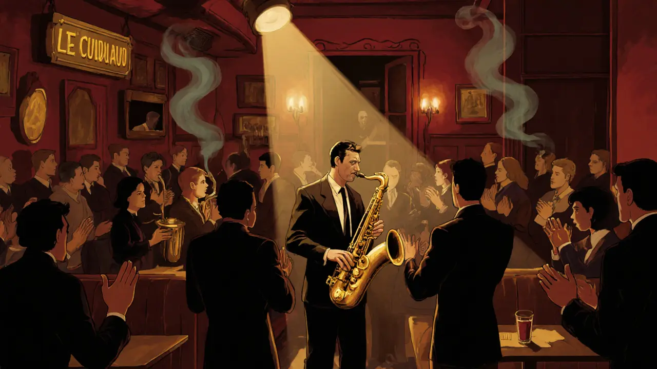 Smoky jazz club interior with musicians playing live, patrons swaying, warm spotlight on saxophonist.