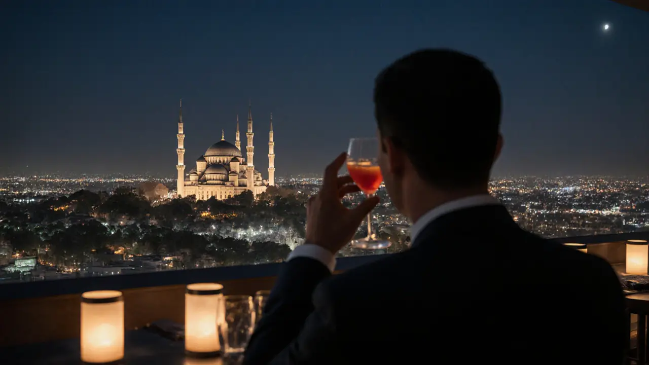 Solo diner at Octave rooftop bar gazing at the Grand Mosque with a crafted cocktail.