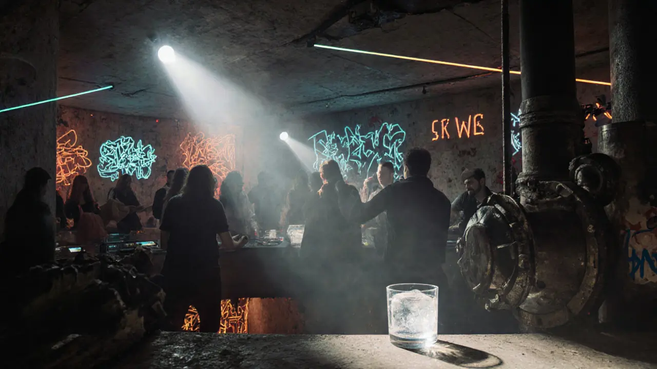 Surreal underground club in a Cold War bunker with lasers and neon lights.