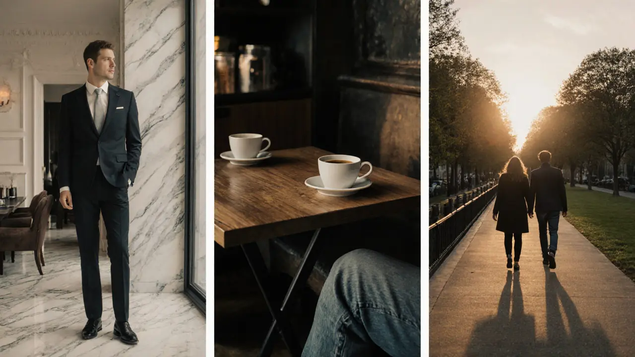 Three distinct London scenes showing luxury, casual, and natural companionship styles in different neighborhoods.