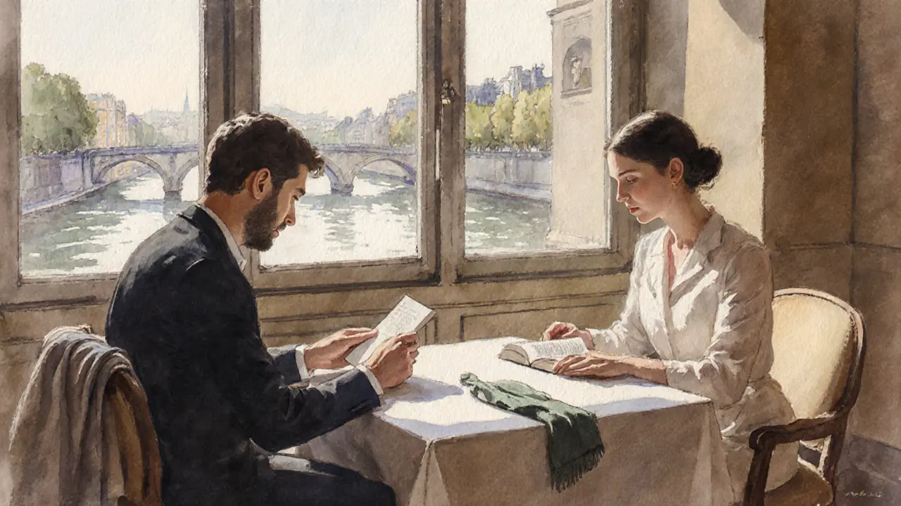 Two people in a museum reading room, connected by a silent note passed between books.