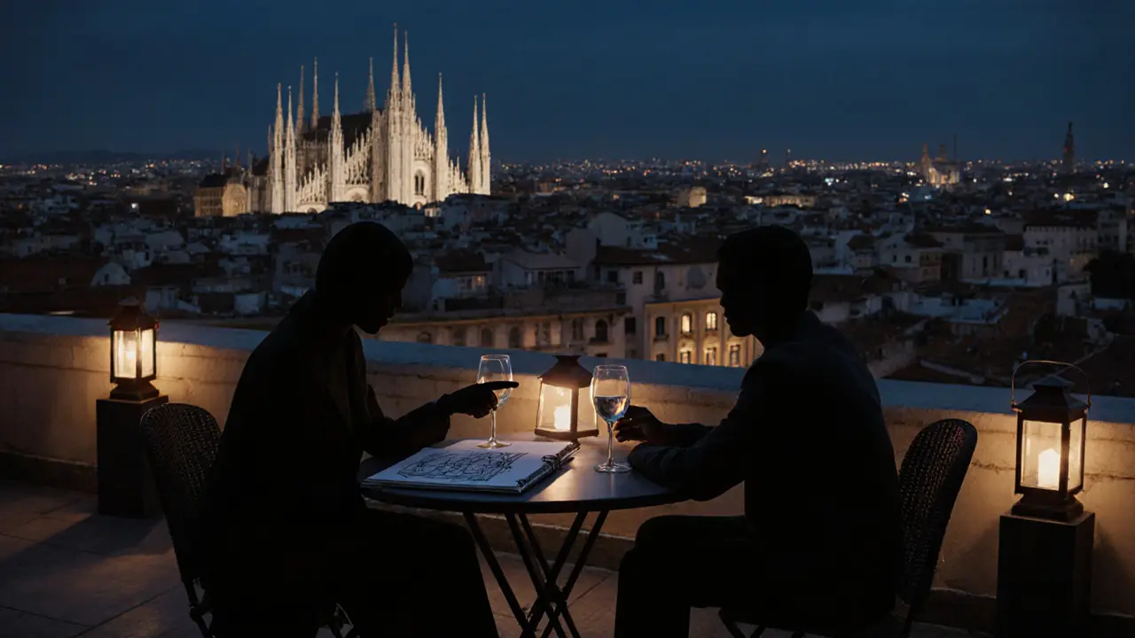 Two people on a rooftop terrace at night, overlooking Milan’s Duomo, sharing a thoughtful moment.