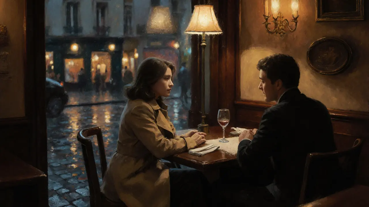 Two people share a quiet moment at a cozy Parisian bistro, soft lamplight and rain outside.