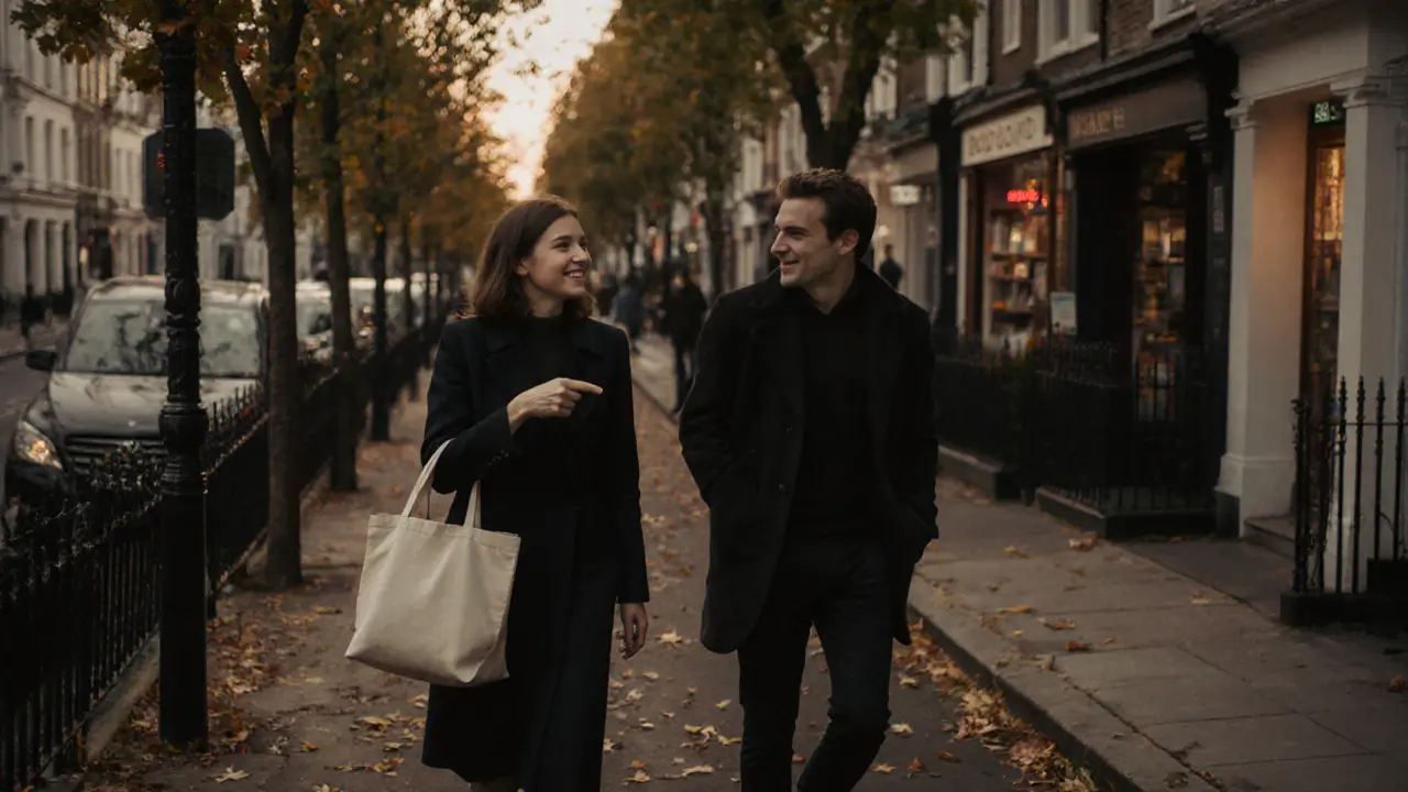 Two people walking through Notting Hill at dusk, enjoying a peaceful evening together.