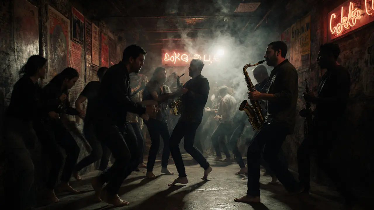 Underground club in Beyoğlu with diverse crowd dancing under neon lights and live saxophone.