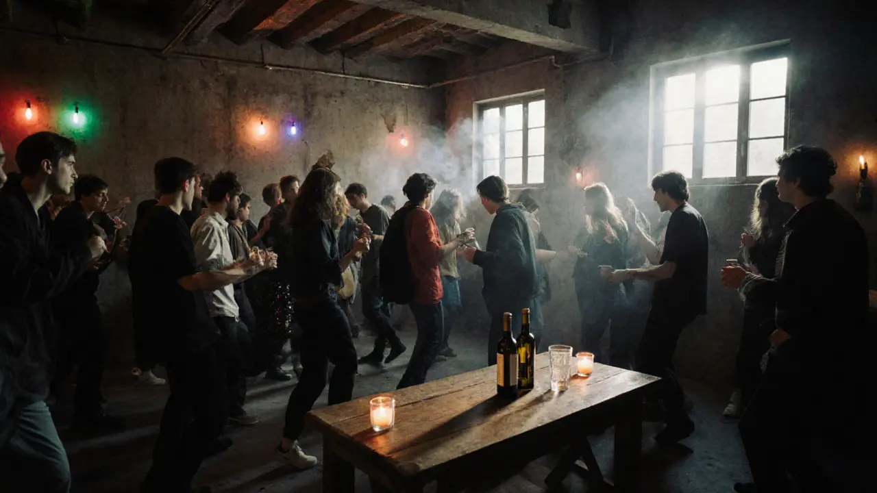 Underground club with candlelit crowd dancing to ambient music, concrete walls and colored bulbs creating an intimate, raw atmosphere.