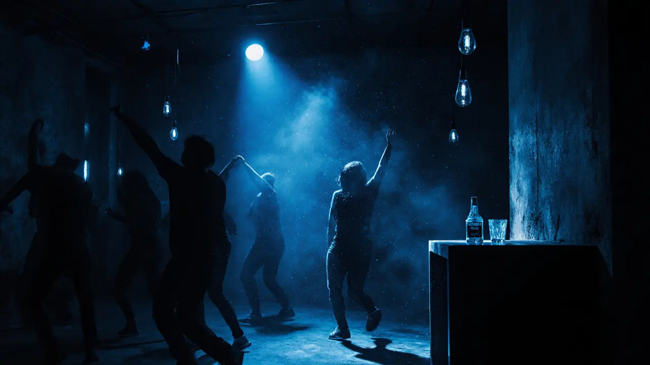 Underground techno club in a dark warehouse with pulsing lights and silhouetted dancers lost in the music.