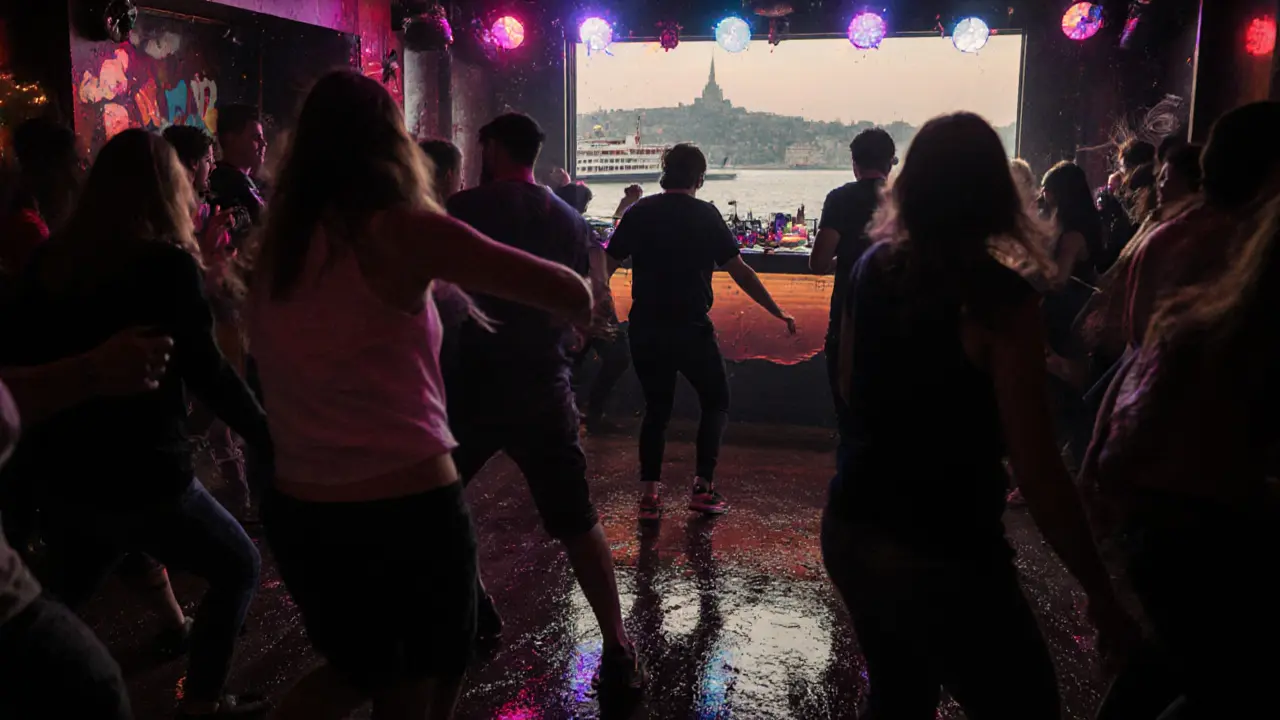 Vibrant late-night club with dancing crowd and neon lights in Kadıköy.