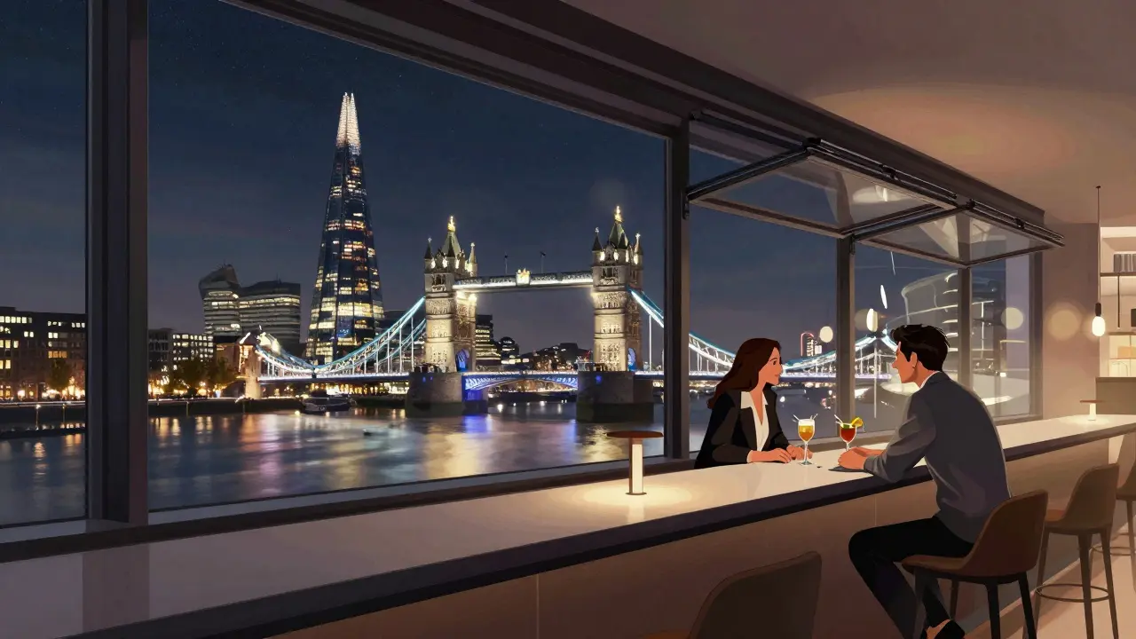 120 London rooftop bar with floor-to-ceiling windows reflecting the Thames and Tower Bridge at night, couple sipping cocktails.