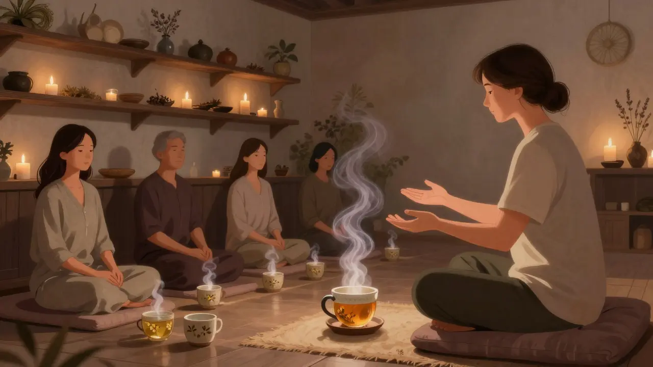 A calming tea lounge with people practicing breathwork surrounded by herbs, candles, and warm mugs.