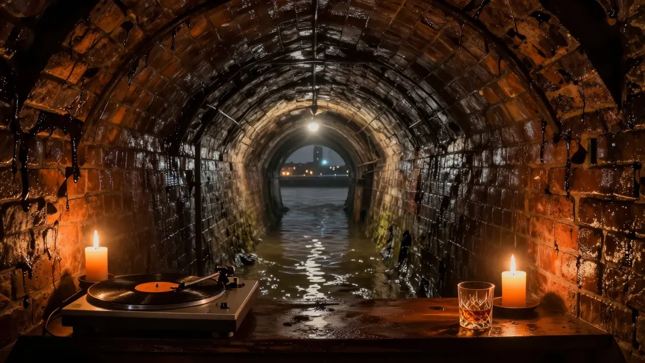 A candlelit tunnel bar under the Thames, with damp walls and vinyl records playing in the quiet dark.