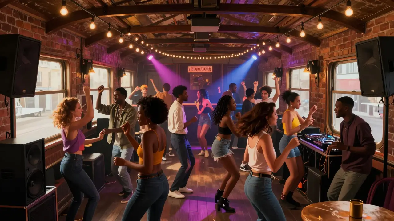 A converted train wagon nightclub with a diverse crowd dancing to Afrobeat and electro under strobing lights.