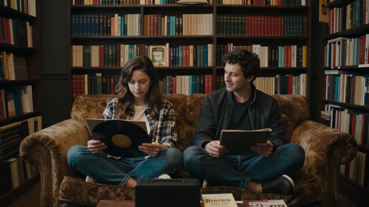 A couple immersed in conversation among old books in a cozy back room of a bookshop.