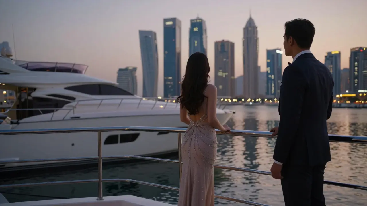 A couple on a luxury yacht at Dubai Marina at dusk, gazing at the skyline.