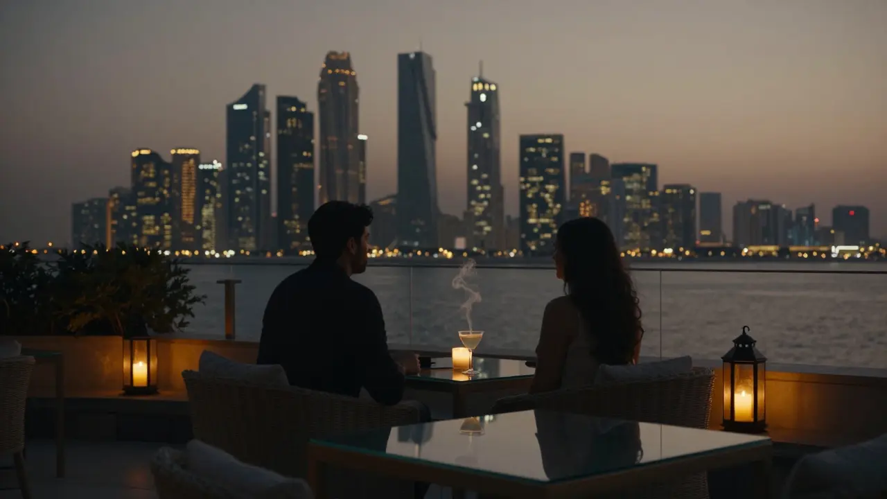 A couple sits on a hidden rooftop overlooking Abu Dhabi's skyline at dusk, bathed in warm lantern light and city glimmers.