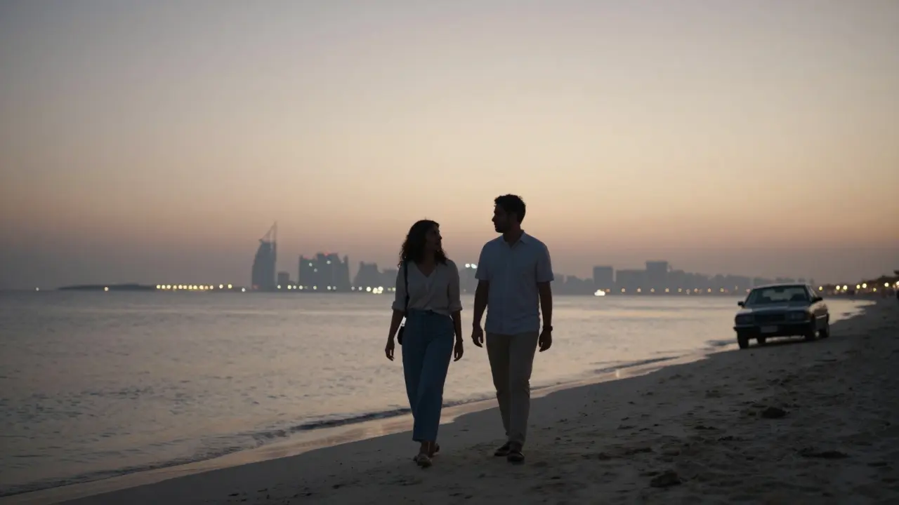 A couple walking respectfully along a Dubai beach at sunset, city lights glowing in the distance.